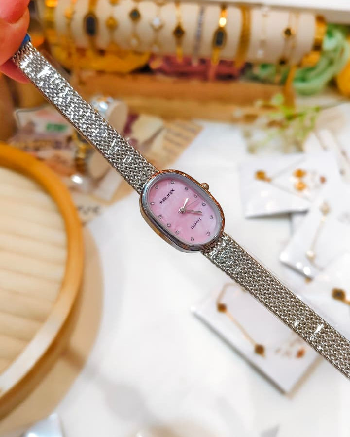 Sunlifex Quartz - Oval Mesh Watch (Silver-Pink)