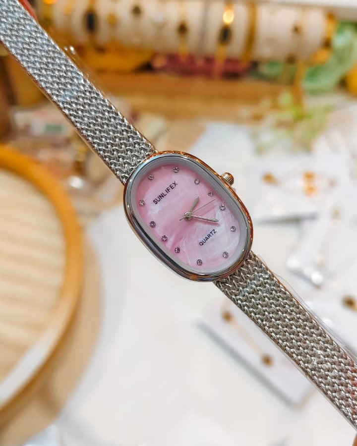 Sunlifex Quartz - Oval Mesh Watch (Silver-Pink)