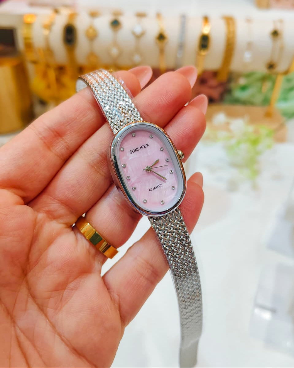 Sunlifex Quartz - Oval Mesh Watch (Silver-Pink)