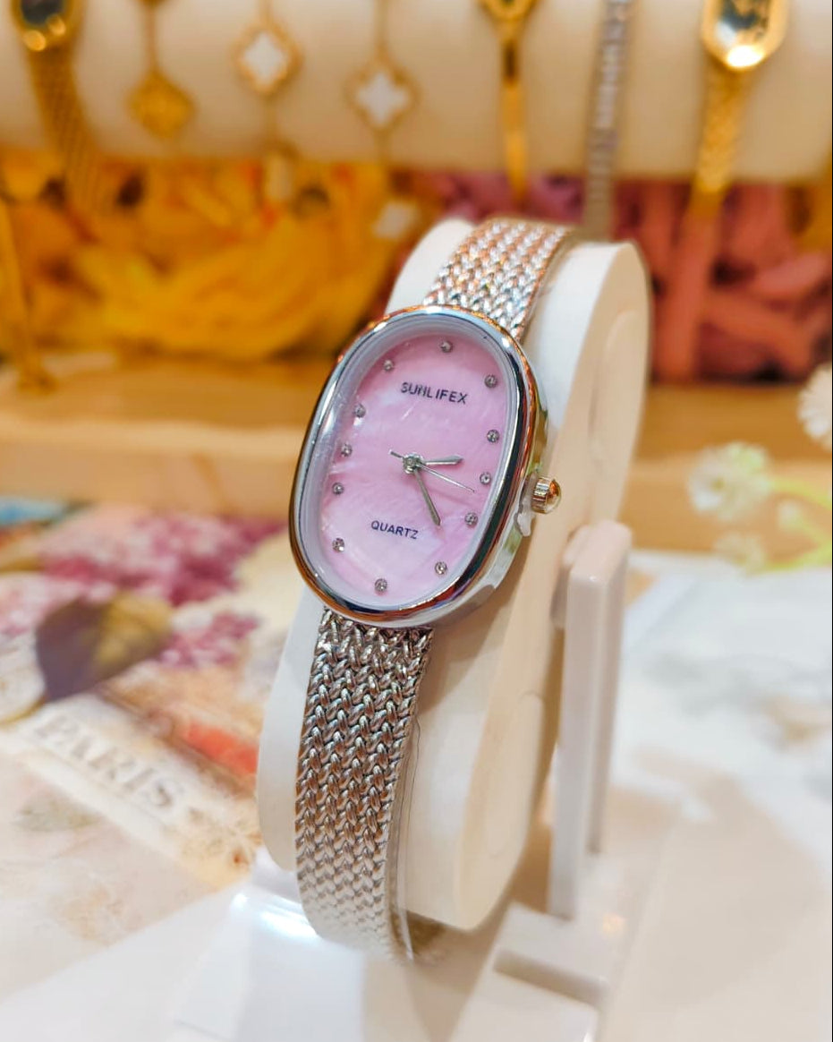 Sunlifex Quartz - Oval Mesh Watch (Silver-Pink)