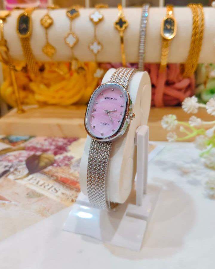 Sunlifex Quartz - Oval Mesh Watch (Silver-Pink)