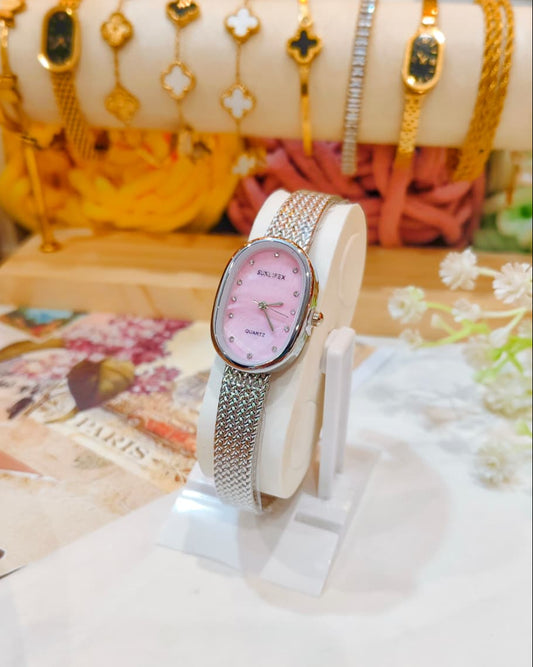 Sunlifex Quartz - Oval Mesh Watch (Silver-Pink)