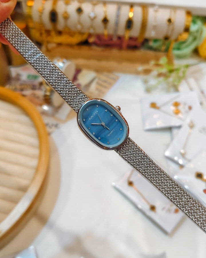 Sunlifex Quartz - Oval Mesh Watch (Silver-Blue)