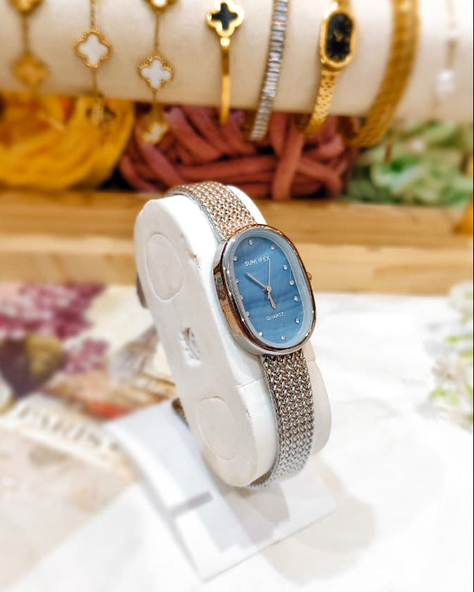 Sunlifex Quartz - Oval Mesh Watch (Silver-Blue)
