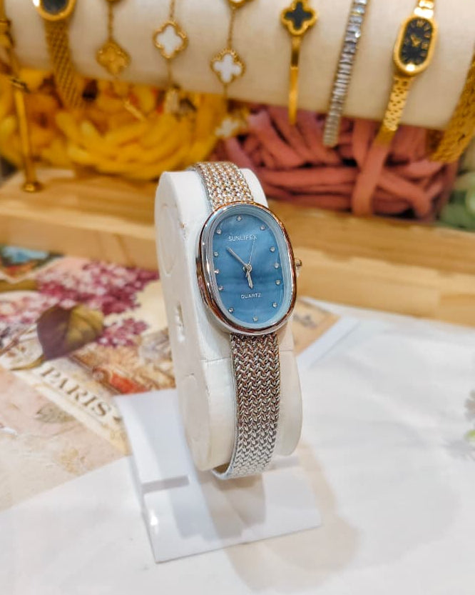 Sunlifex Quartz - Oval Mesh Watch (Silver-Blue)