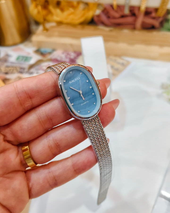 Sunlifex Quartz - Oval Mesh Watch (Silver-Blue)