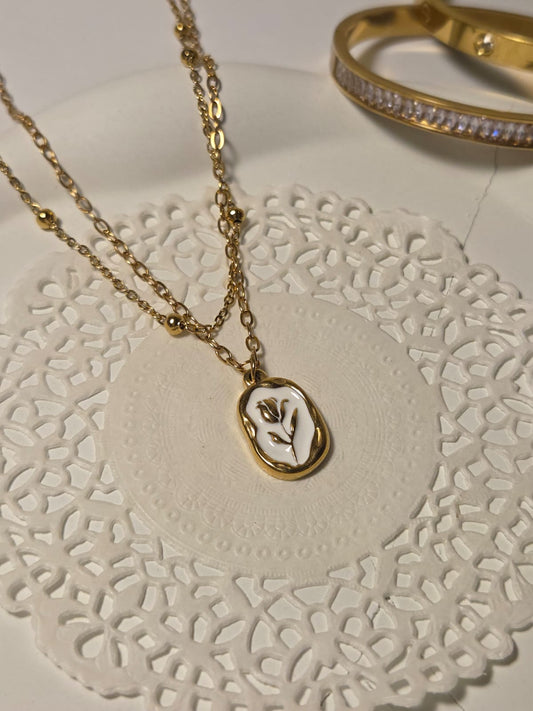 White Enamel Rose Oval Pendant Necklace